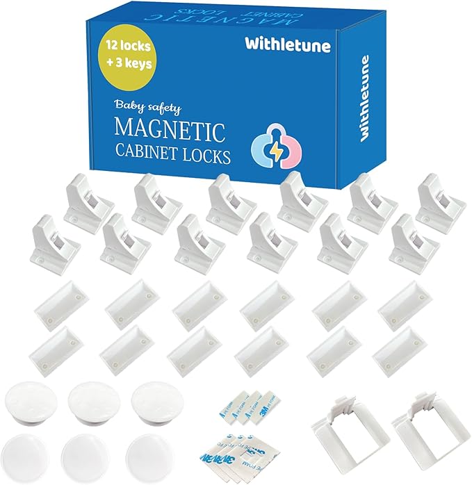 (12 Locks + 3 Keys) Withletune Child Safety Magnetic Cabinet Locks - Child Safety Drawer Lock Suitable for Kitchens cabinets and Storage cabinets - no Drilling Required Adhesive Installation.