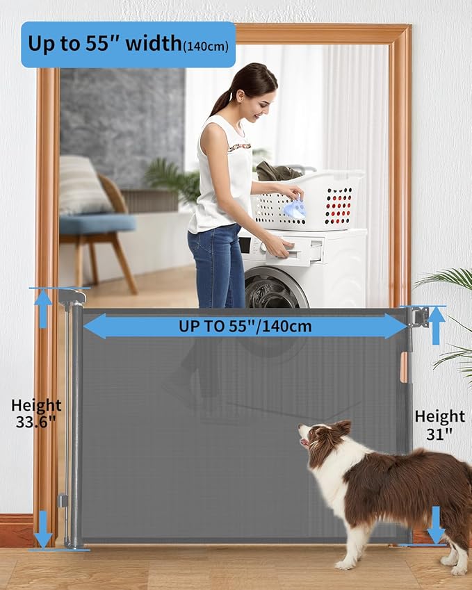 (2 Pack) Retractable Baby Gate for Doorways and Stairs Mesh Safety Gate for Pet Indoor &amp Outdoor Use One-Hand Operation Easy Installation 33.6 Tall Expands to 55 Wide（Grey33.6x55