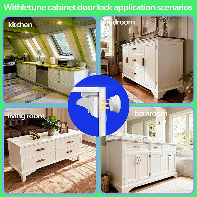 (12 Locks + 3 Keys) Withletune Child Safety Magnetic Cabinet Locks - Child Safety Drawer Lock Suitable for Kitchens cabinets and Storage cabinets - no Drilling Required Adhesive Installation.